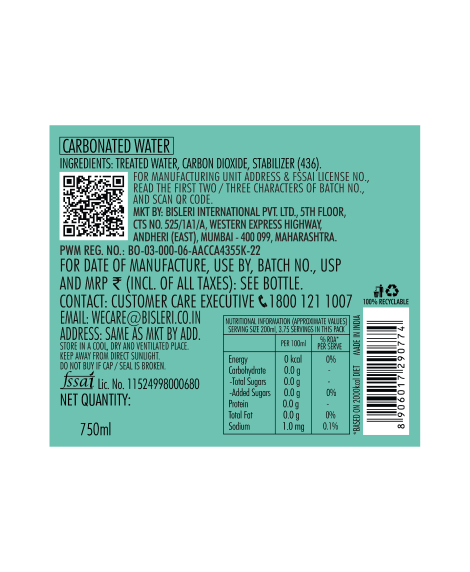 Bisleri Soda 750 ML details on label